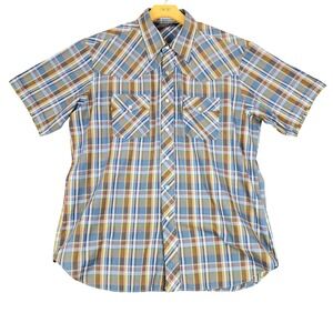 Retro Short Sleeve Plaid Western Shirt Men's XL Snap Button Casual‎ Button Up